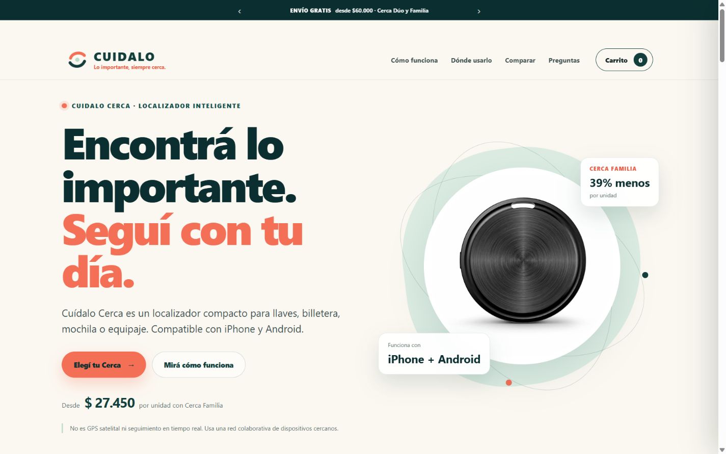 Home del MVP CUIDALO con un localizador compacto y una propuesta centrada en tranquilidad