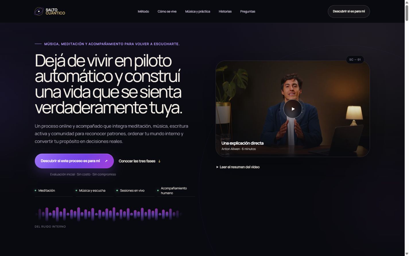 Hero oscuro del prototipo Salto Cuántico con explicación del programa y video de Anton