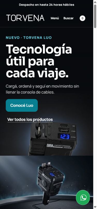 Home de Torvena con navegación comercial y presentación de un accesorio tecnológico para el auto